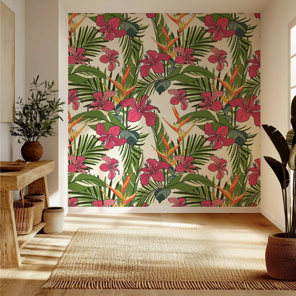 Vibrant red hibiscus flowers and orange bird of paradise blooms on a removable wallpaper