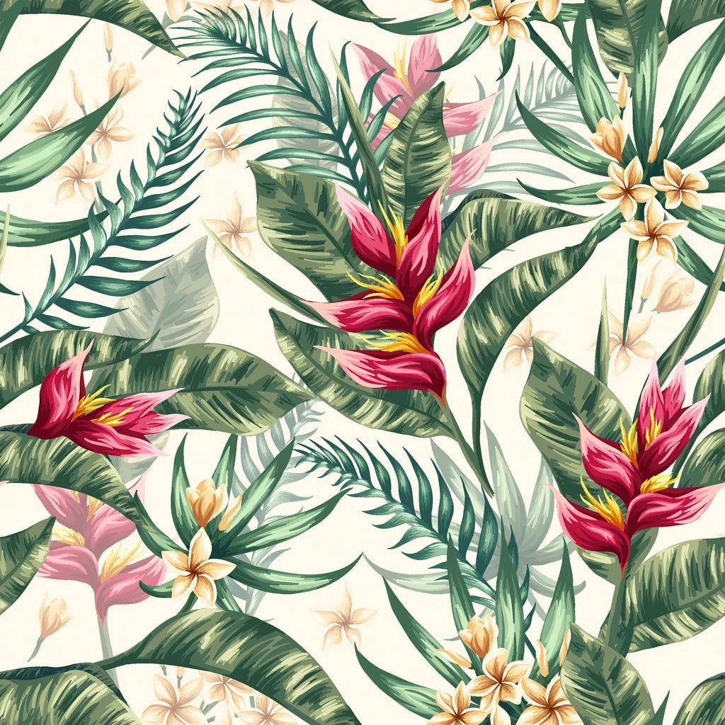 Vibrant red heliconia flowers and emerald green palm leaves on self-adhesive wallpaper