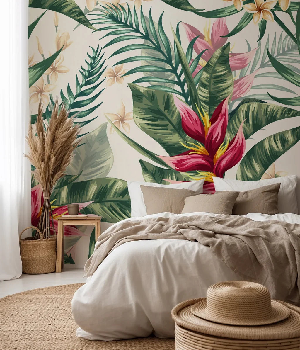 Vibrant red heliconia flowers and lush green palm leaves on removable wallpaper