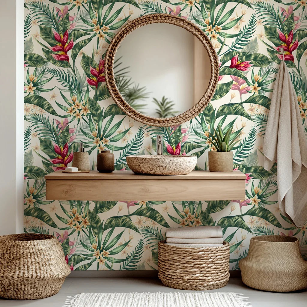 Vibrant red heliconia flowers and lush green palm leaves on a self-adhesive wallpaper