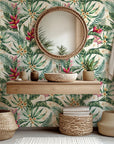 Vibrant red heliconia flowers and lush green palm leaves on a self-adhesive wallpaper
