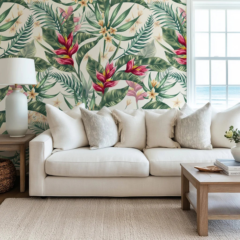 Vibrant red heliconia flowers and lush green palm fronds on a removable wallpaper surface.