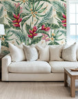 Vibrant red heliconia flowers and lush green palm fronds on a removable wallpaper surface.