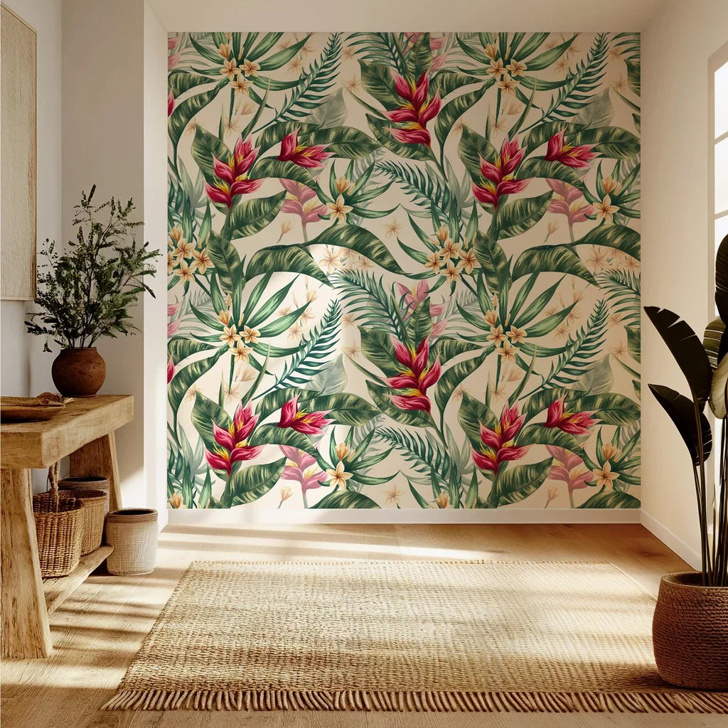 Vibrant red heliconia flowers and lush green palm leaves on a removable wallpaper