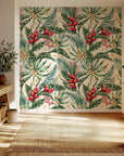Vibrant red heliconia flowers and lush green palm leaves on a removable wallpaper