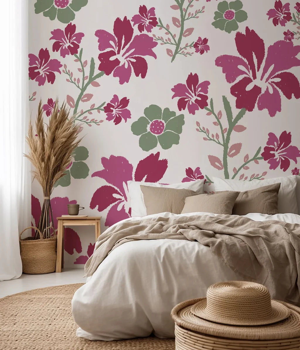 A wallpaper featuring a textured brush finish, painted with a floral design in magenta and green colors. - Crimson Grove