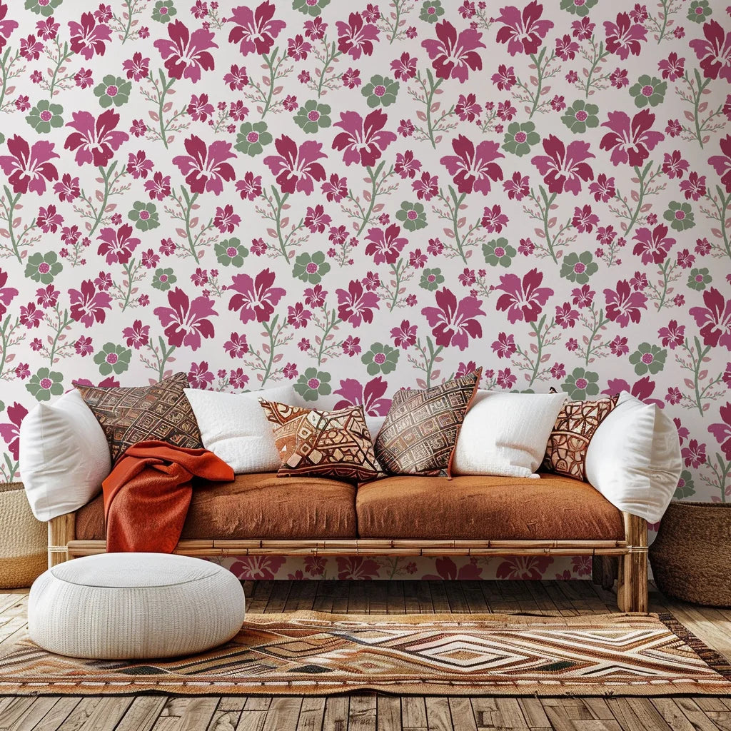 Textured brush finish wall covering featuring magenta and green blooms (Crimson Grove design)