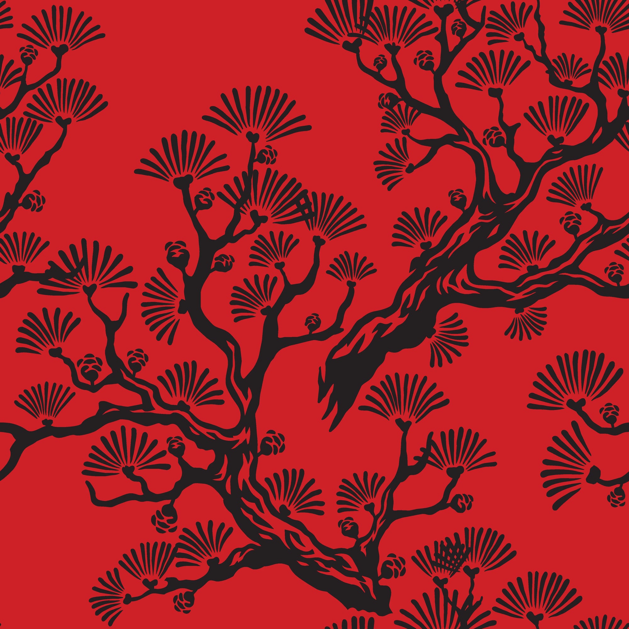 Matte peel and stick wallpaper with black pine silhouettes - Crimson Pine Silhouette