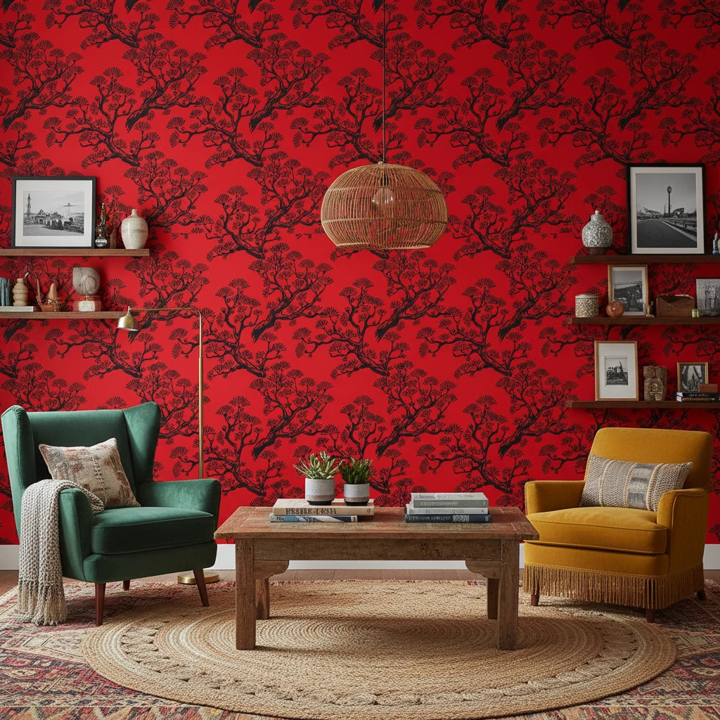 Crimson Pine Silhouette bold red tree wallpaper in a warm and inviting living room
