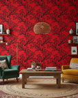 Crimson Pine Silhouette bold red tree wallpaper in a warm and inviting living room