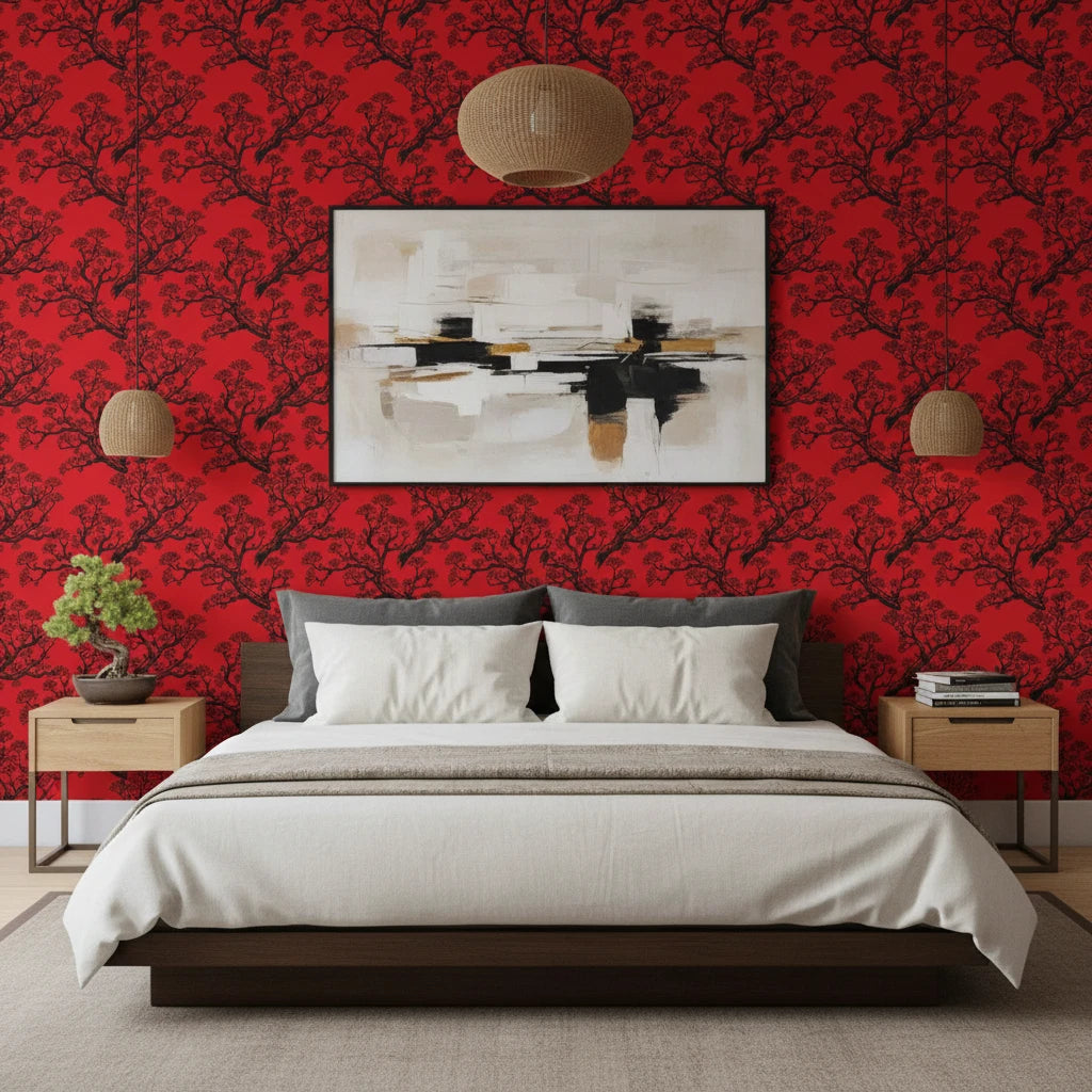 Crimson Pine Silhouette bold red tree wallpaper adding character to a cozy bedroom