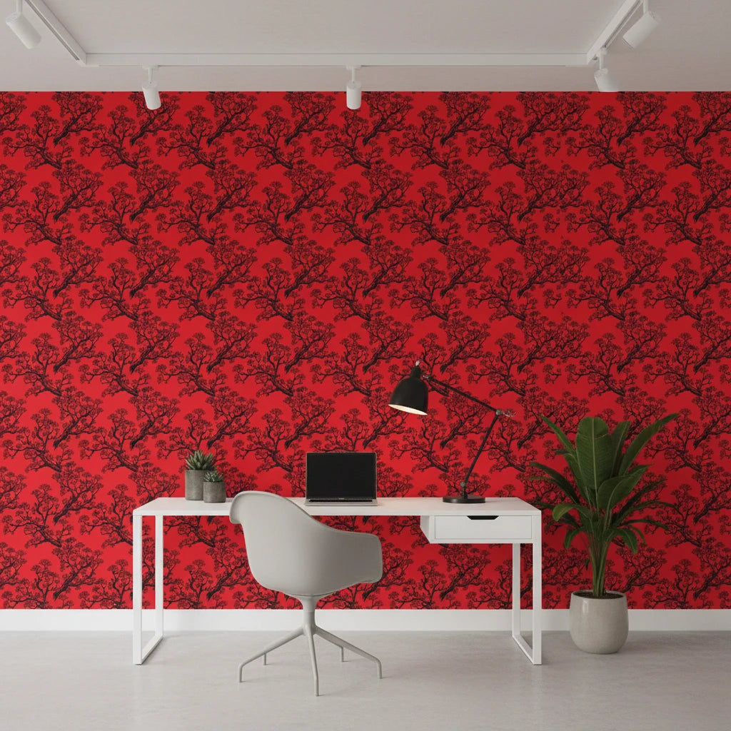 Crimson Pine Silhouette bold red tree wallpaper as a feature wall in a bright home office