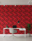 Crimson Pine Silhouette bold red tree wallpaper as a feature wall in a bright home office