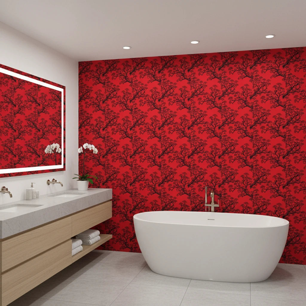 Crimson Pine Silhouette bold red tree wallpaper creating ambiance in a serene bathroom