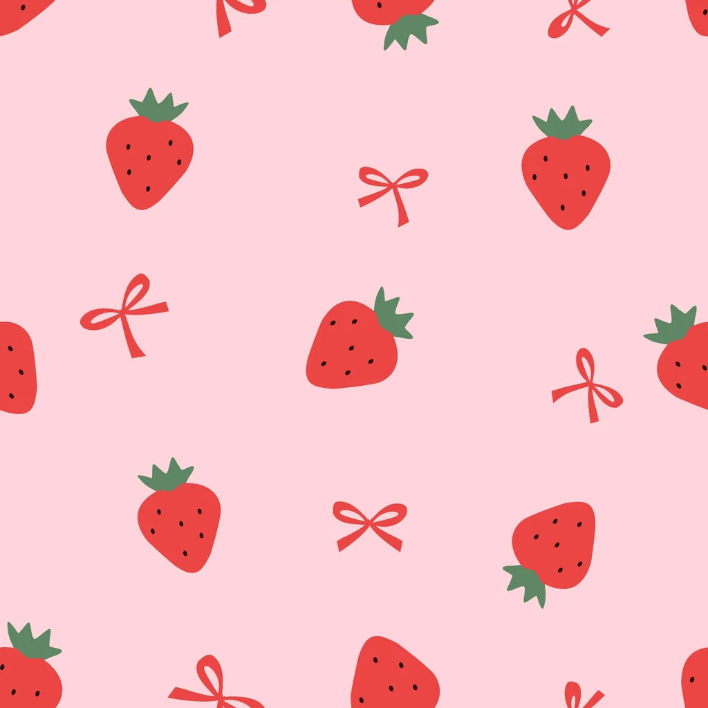 Smooth pink strawberry and red bow peel and stick wallpaper -Crimson Whimsy