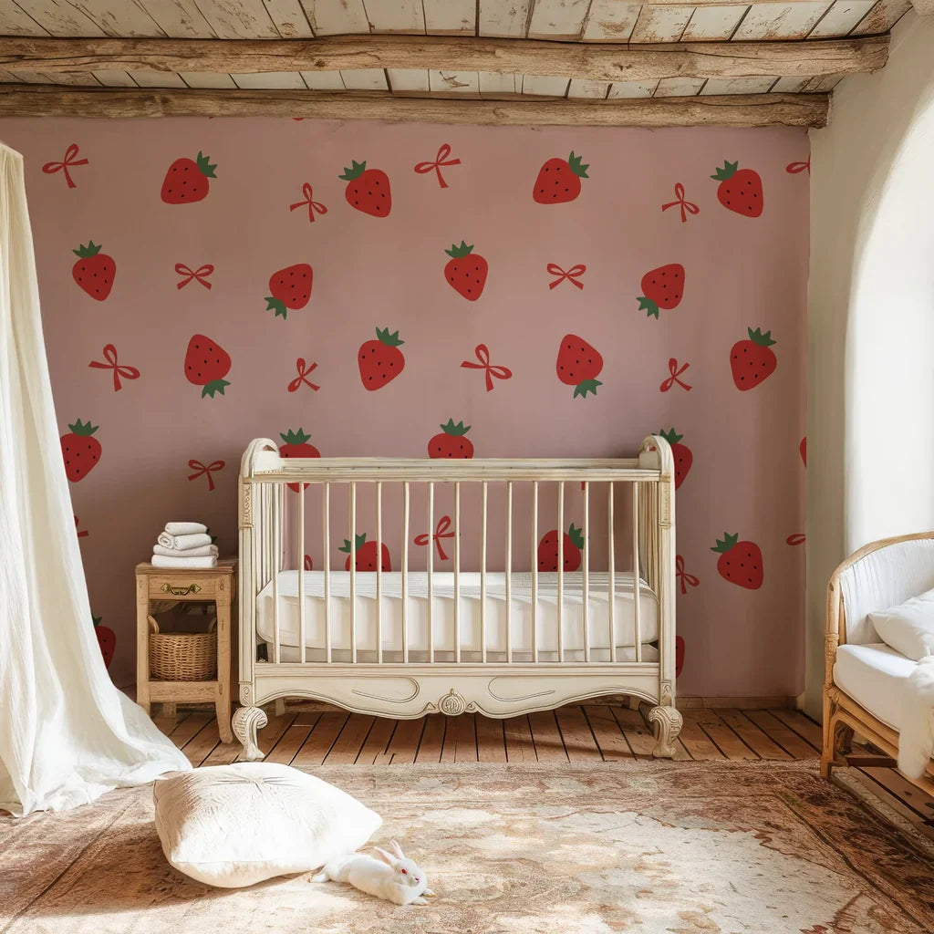 Charming removable wallpaper displaying a seamless motif of rosy berries and scarlet ribbon knots - Crimson Whimsy