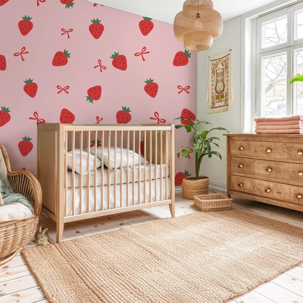 Smooth finish peel and stick mural with a whimsical print of pastel strawberries and vibrant red bows - Crimson Whimsy