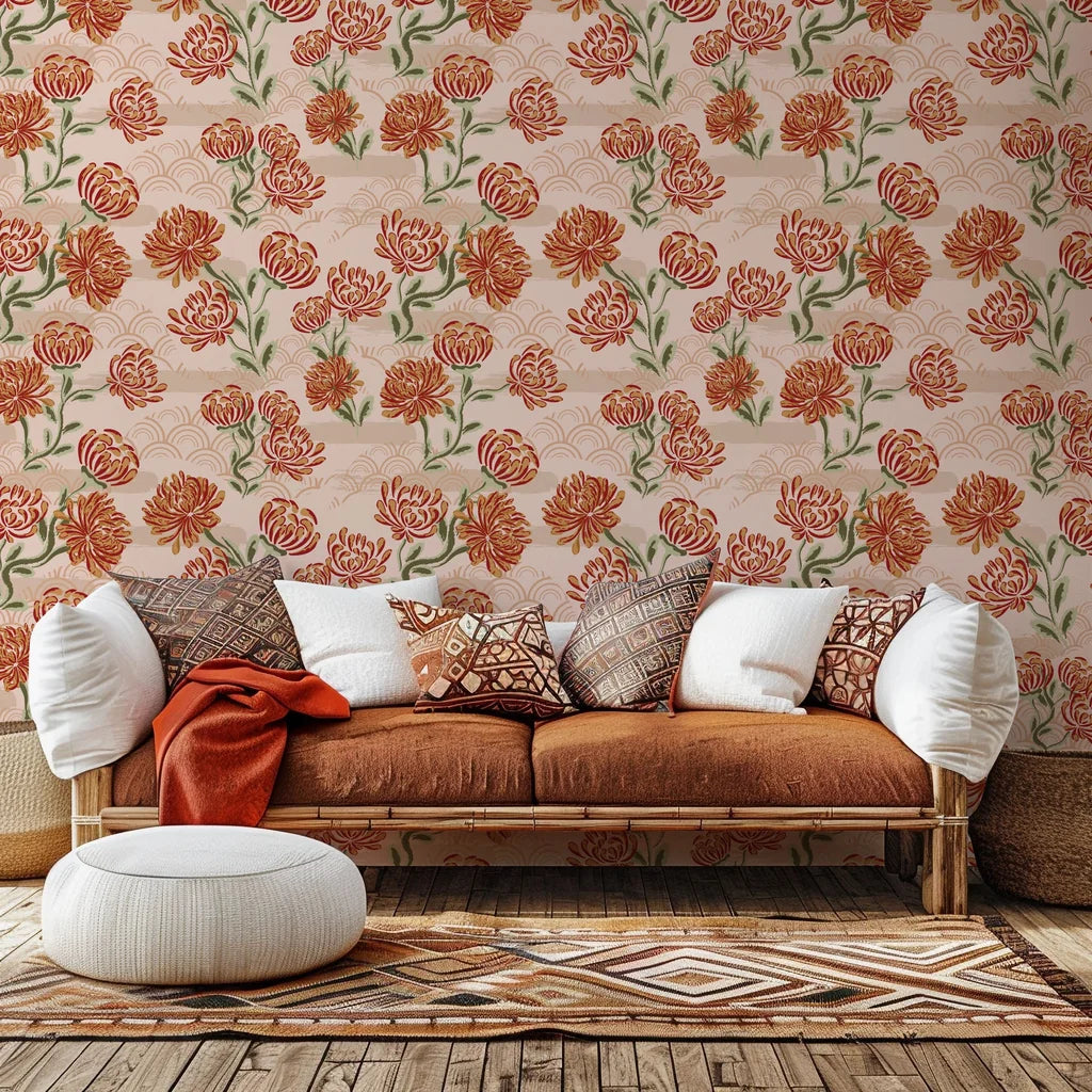 Self-adhesive wallpaper featuring a deep-red, small floral design peppered with rose-colored hearts (Crimson Whispers)