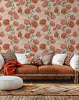 Self-adhesive wallpaper featuring a deep-red, small floral design peppered with rose-colored hearts (Crimson Whispers)