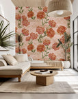 Self-adhesive wallpaper featuring a deep red background, ditsy flowers, and small pink hearts. Product: Crimson Whispers.