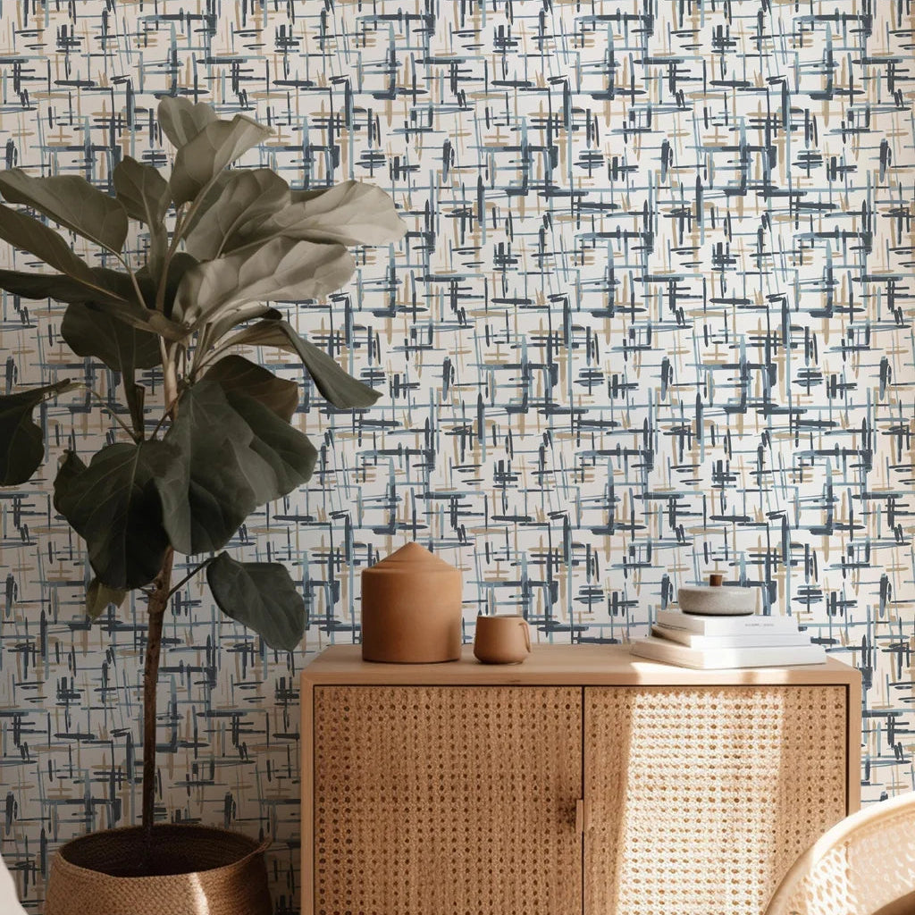 Smooth navy blue and beige abstract brushstroke peel and stick wallpaper - Crosshatch Canvas