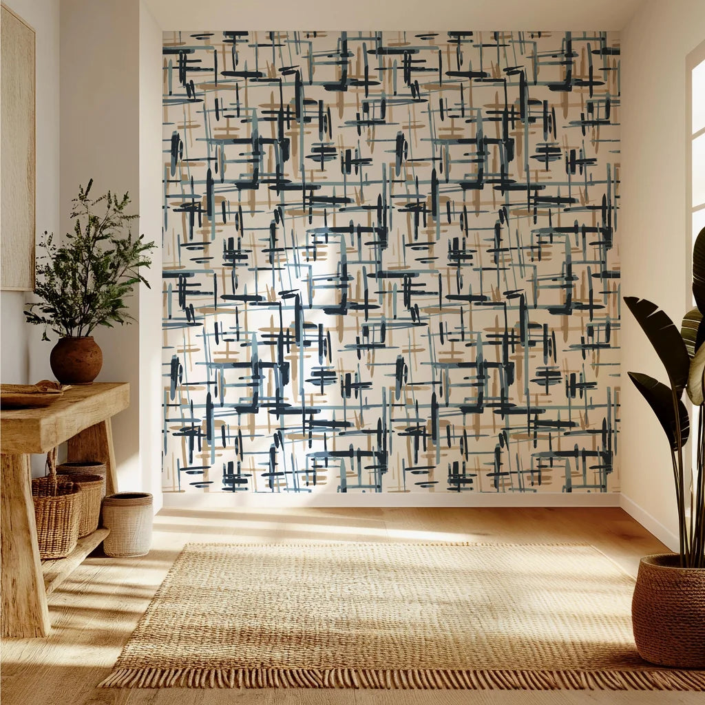 Smooth navy blue and beige abstract brushstroke peel and stick wallpaper - Crosshatch Canvas