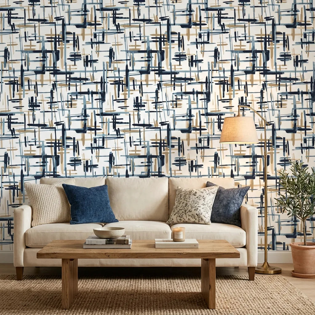 Crosshatch Canvas navy blue and beige abstract brushstroke wallpaper in a warm and inviting living room
