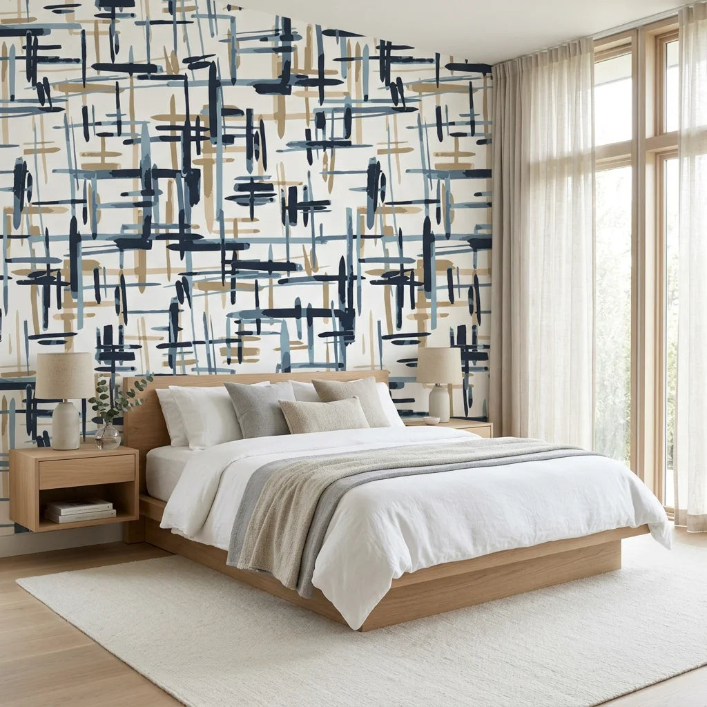 Crosshatch Canvas navy blue and beige abstract brushstroke wallpaper adding character to a cozy bedroom