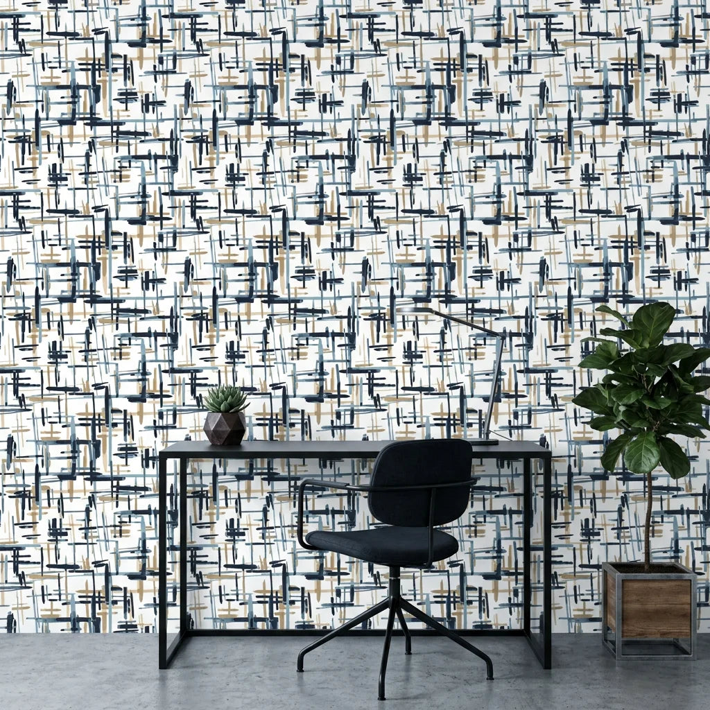 Crosshatch Canvas navy blue and beige abstract brushstroke wallpaper as a feature wall in a bright home office