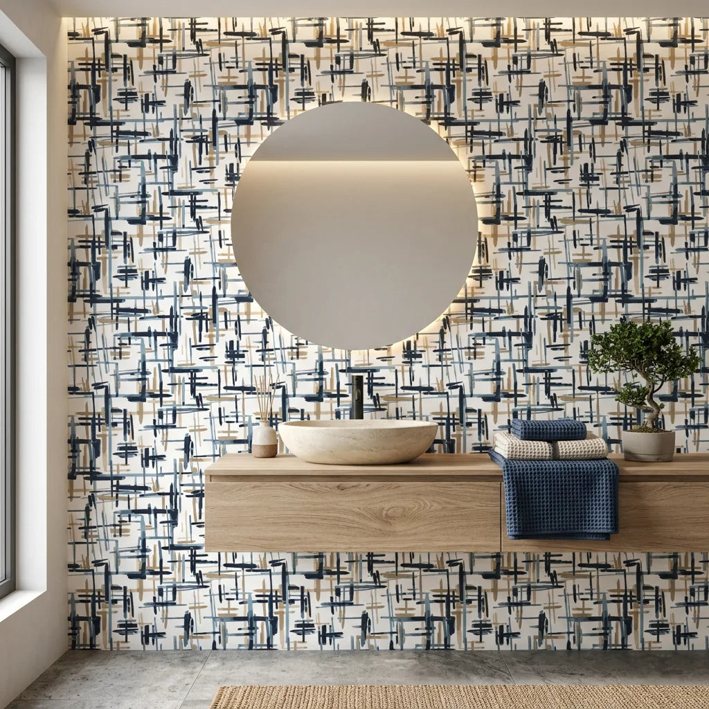 Crosshatch Canvas navy blue and beige abstract brushstroke wallpaper creating ambiance in a serene bathroom
