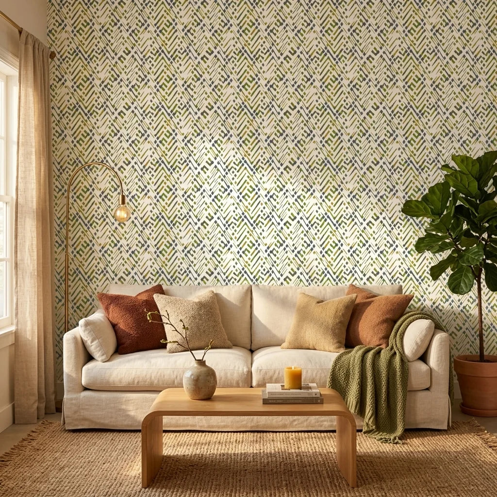 Crossroads green geometric peel and stick wallpaper in a warm and inviting living room