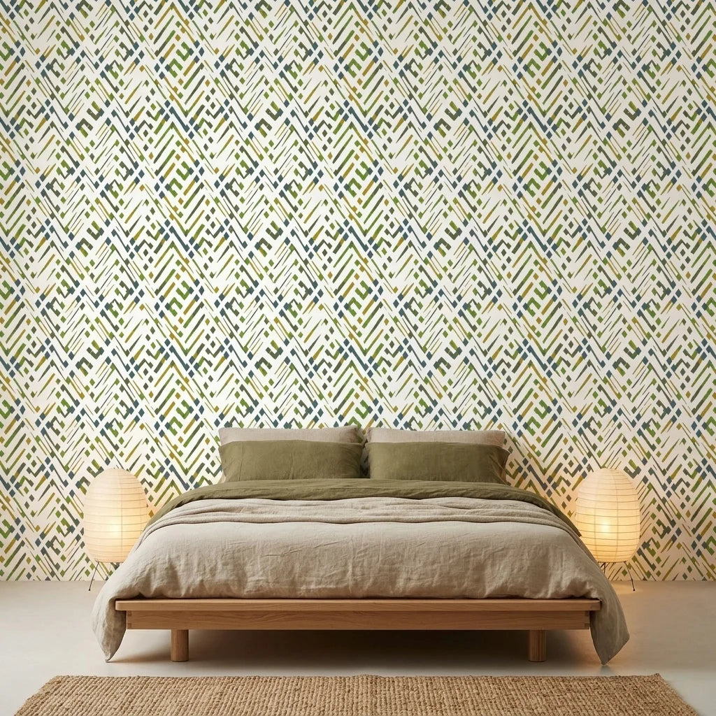 Crossroads green geometric peel and stick wallpaper adding character to a cozy bedroom