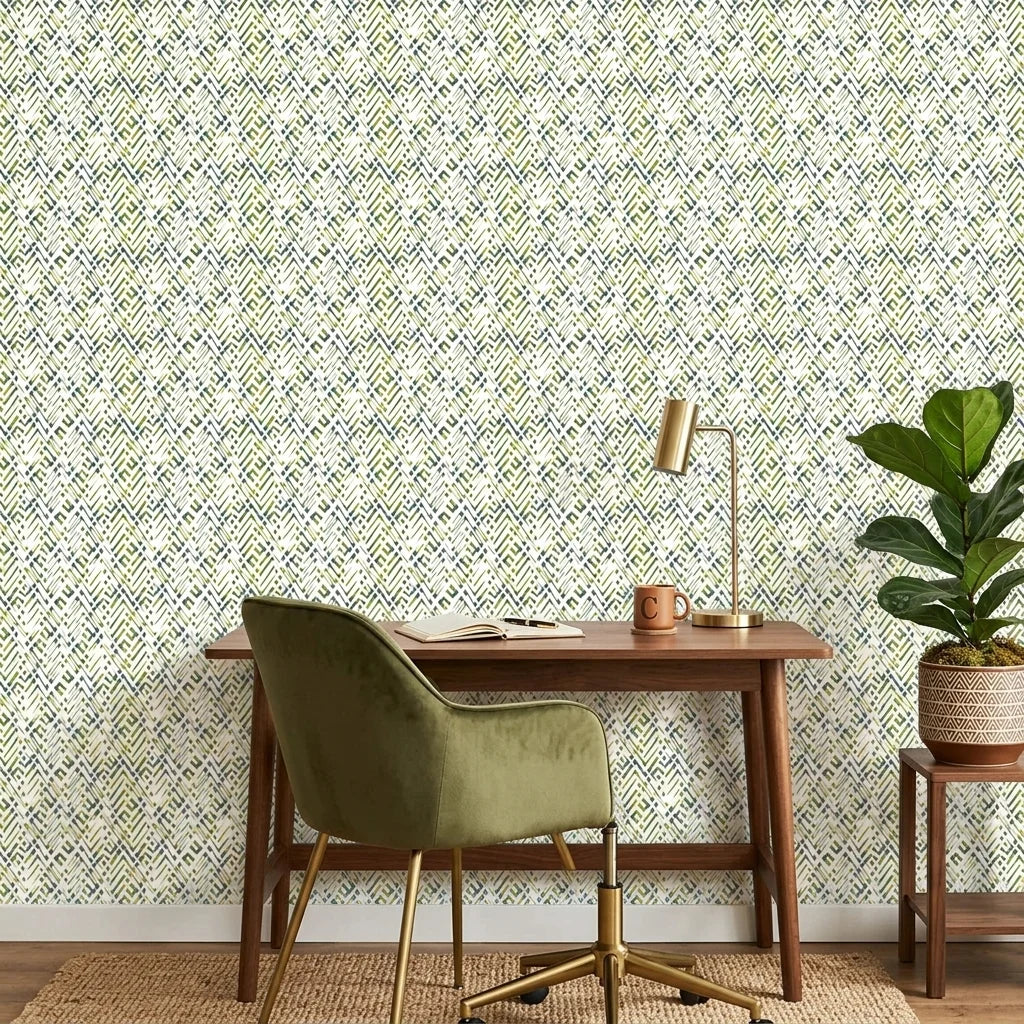 Crossroads green geometric peel and stick wallpaper as a feature wall in a bright home office