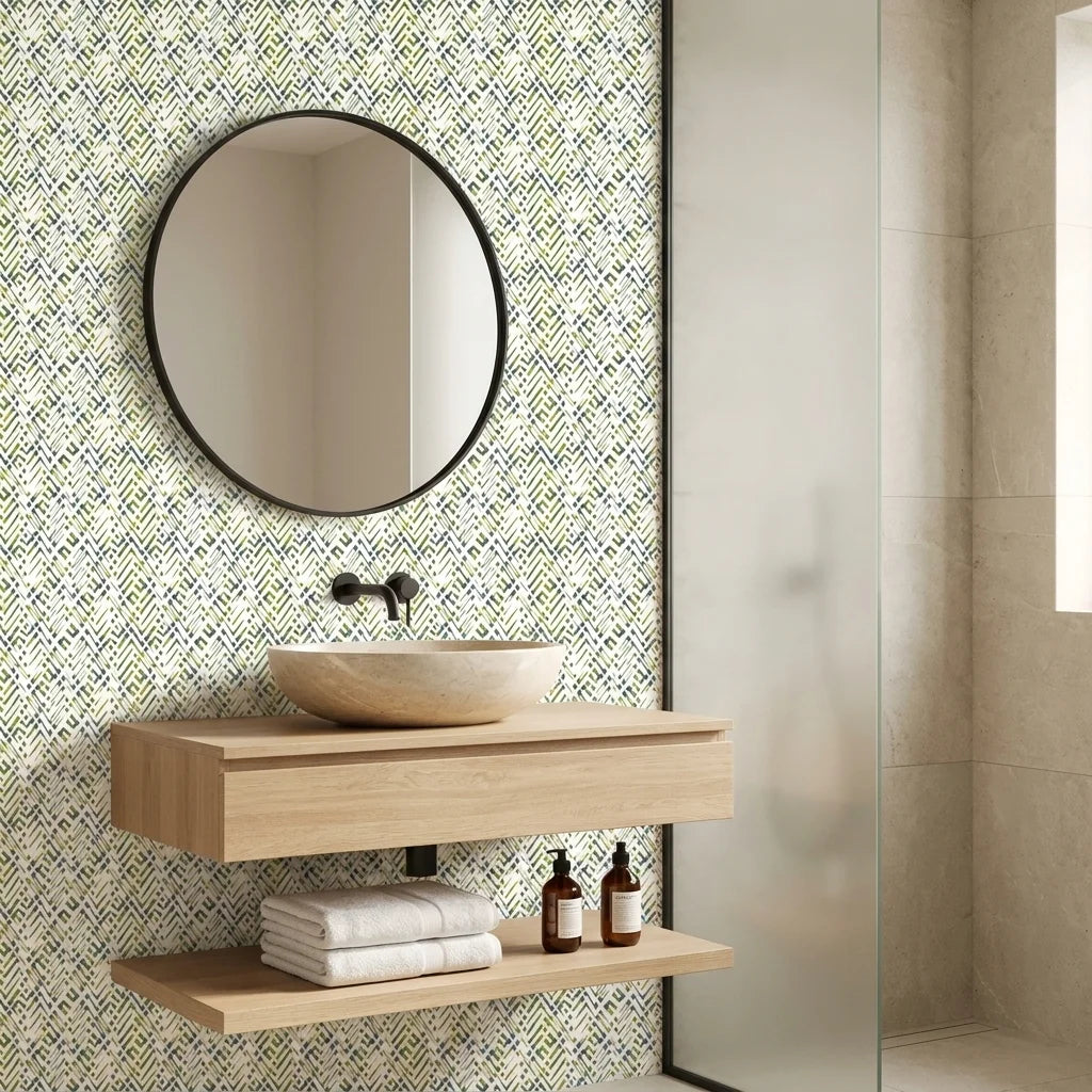 Crossroads green geometric peel and stick wallpaper creating ambiance in a serene bathroom