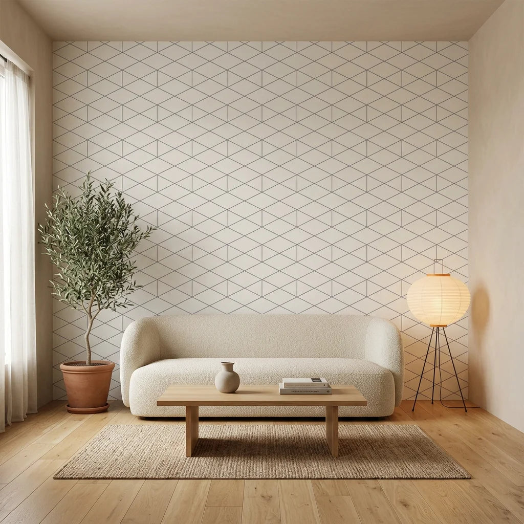Crystal Lines grey geometric trellis in a warm and inviting living room