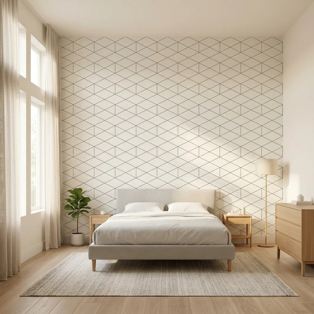 Crystal Lines grey geometric trellis adding character to a cozy bedroom