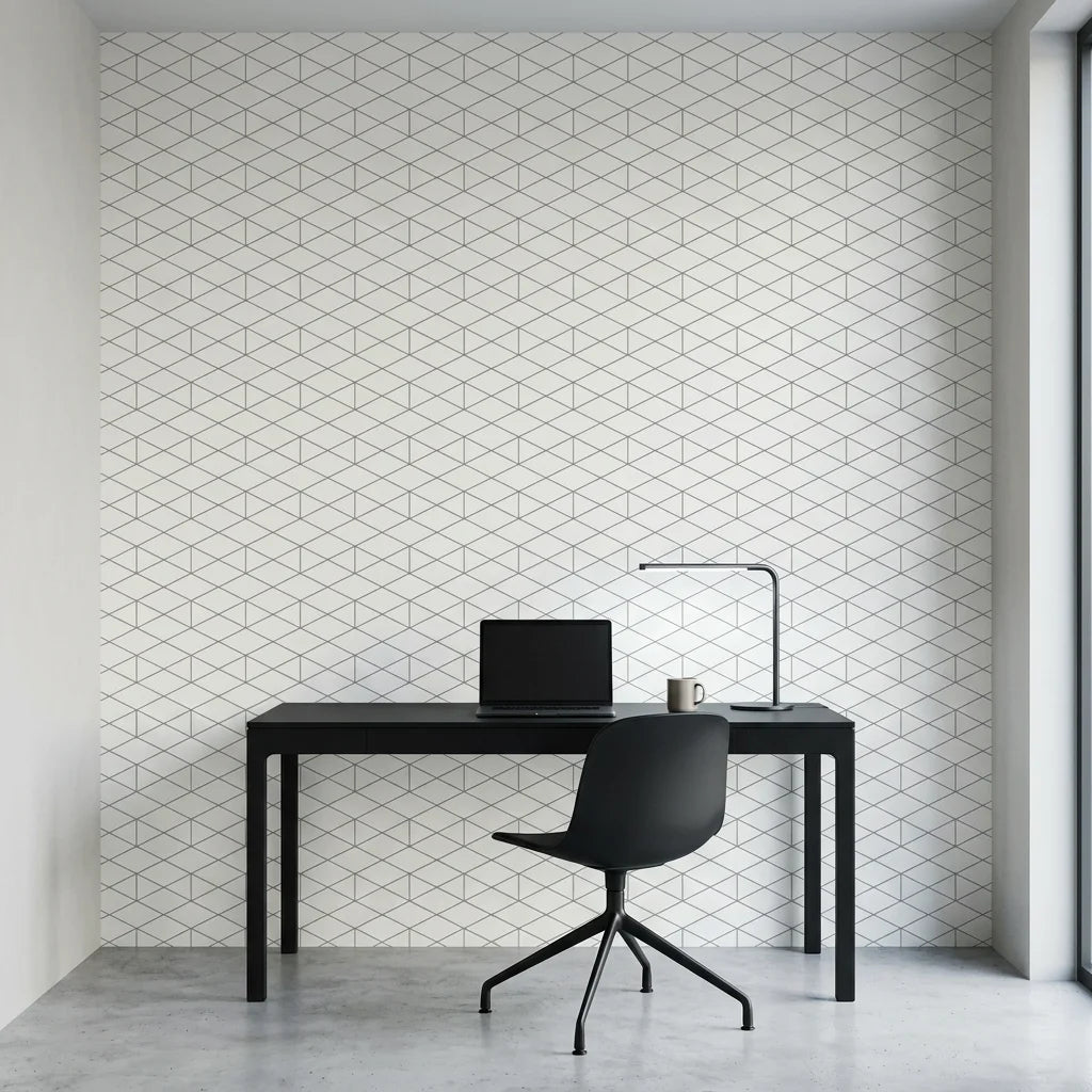 Crystal Lines grey geometric trellis as a feature wall in a bright home office