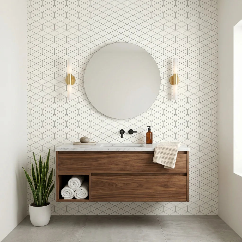 Crystal Lines grey geometric trellis creating ambiance in a serene bathroom