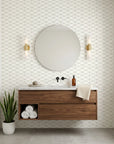 Crystal Lines grey geometric trellis creating ambiance in a serene bathroom
