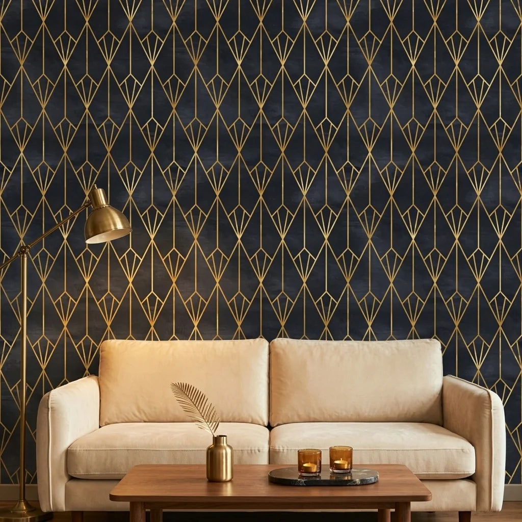 Crystal Noir dramatic black and gold art deco wallpaper creating ambiance in a serene bathroom