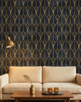 Crystal Noir dramatic black and gold art deco wallpaper creating ambiance in a serene bathroom