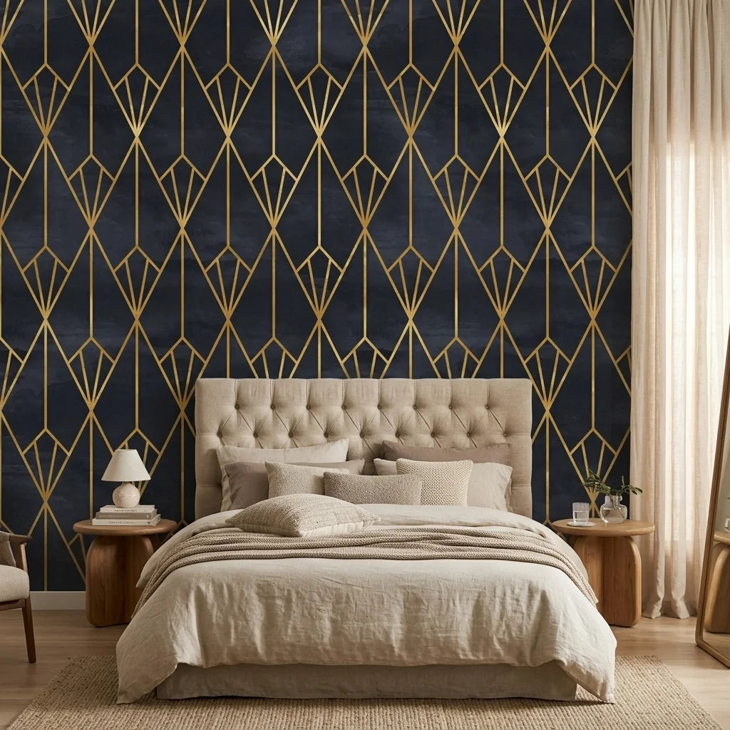 Crystal Noir dramatic black and gold art deco wallpaper in a warm and inviting living room