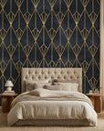 Crystal Noir dramatic black and gold art deco wallpaper in a warm and inviting living room