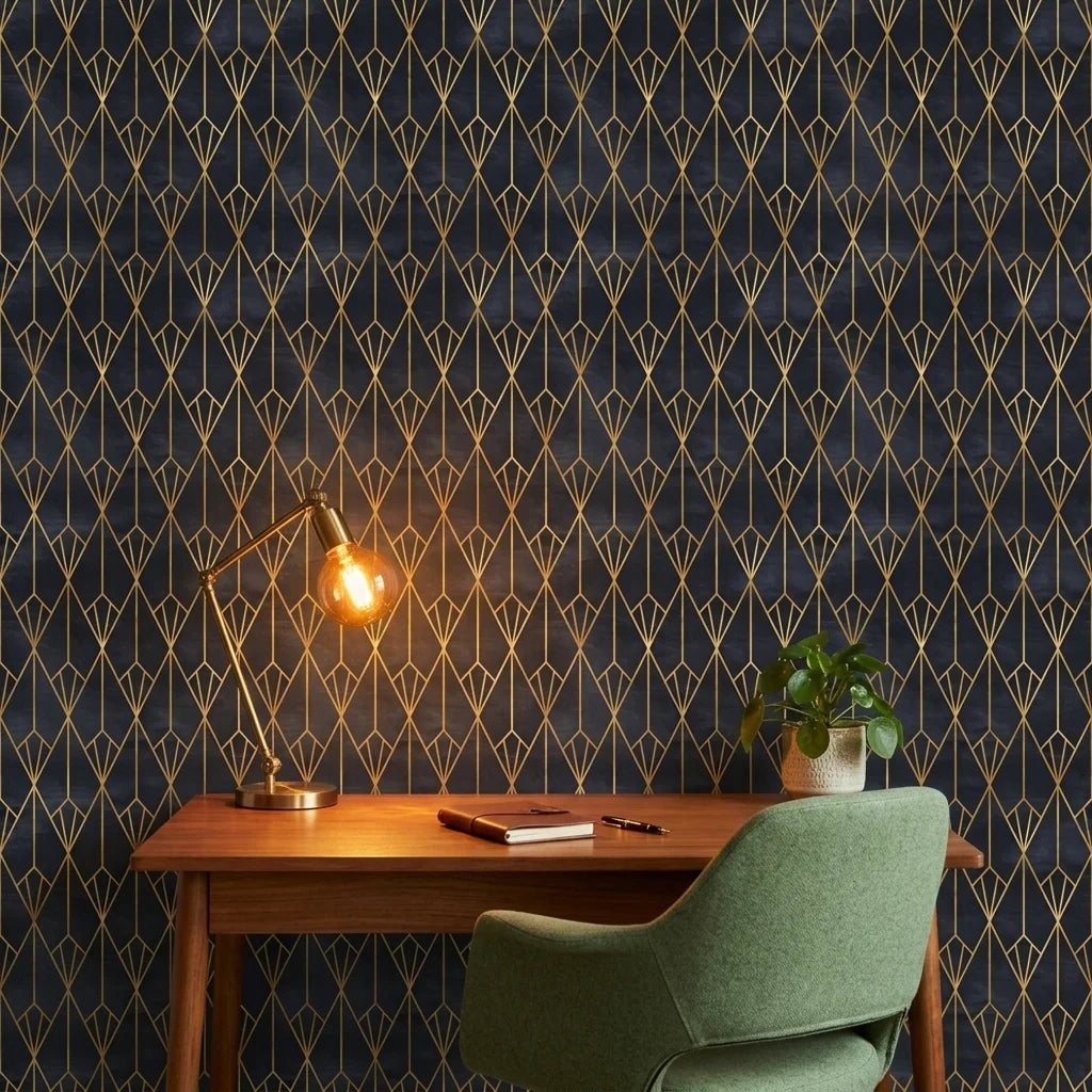 Crystal Noir dramatic black and gold art deco wallpaper adding character to a cozy bedroom