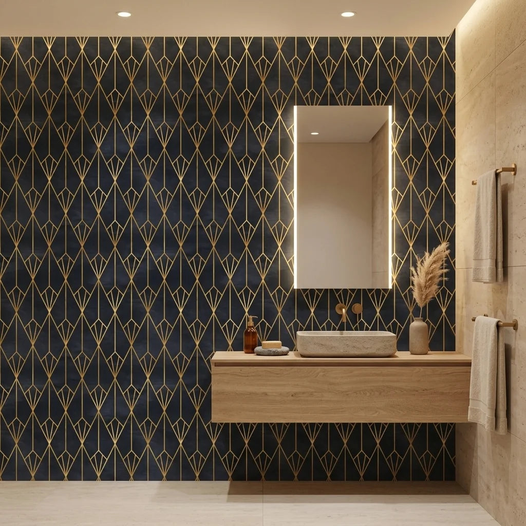 Crystal Noir dramatic black and gold art deco wallpaper as a feature wall in a bright home office