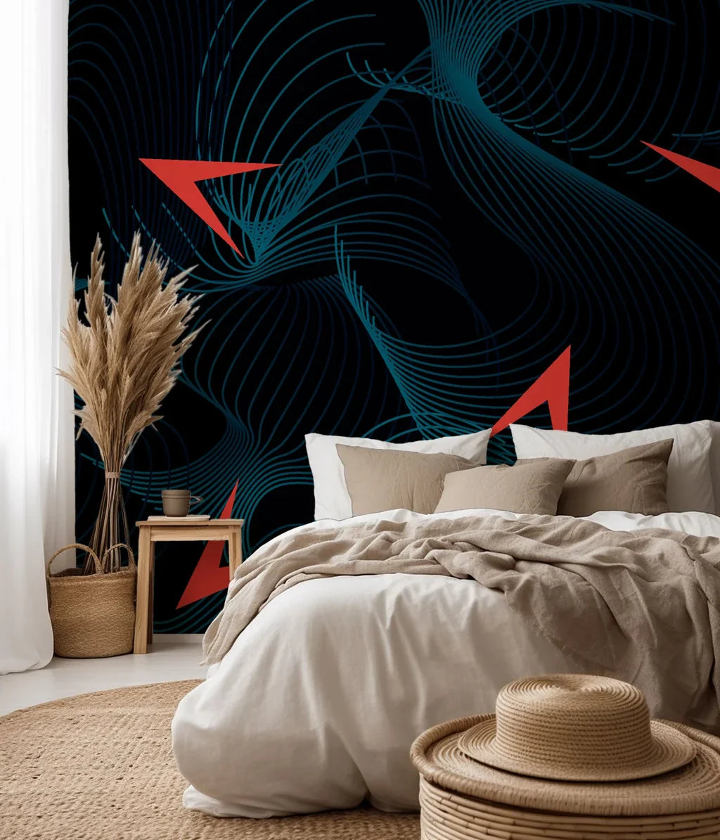 Abstract wallpaper featuring undulating wavy lines in teal and cream, designed as peel and stick (Current Drift)