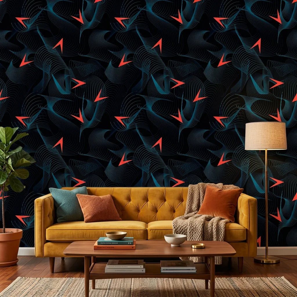 Current Drift dark teal abstract textured wave wallpaper in a warm and inviting living room