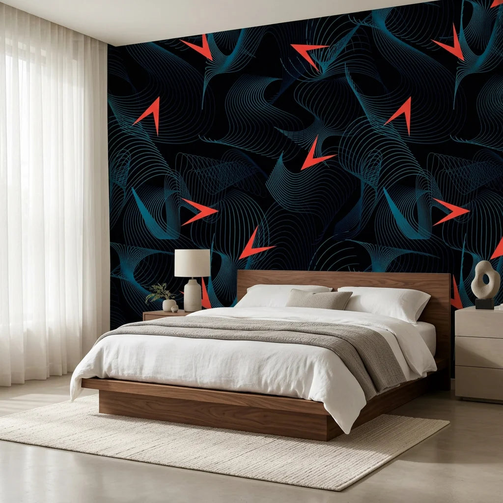 Current Drift dark teal abstract textured wave wallpaper adding character to a cozy bedroom