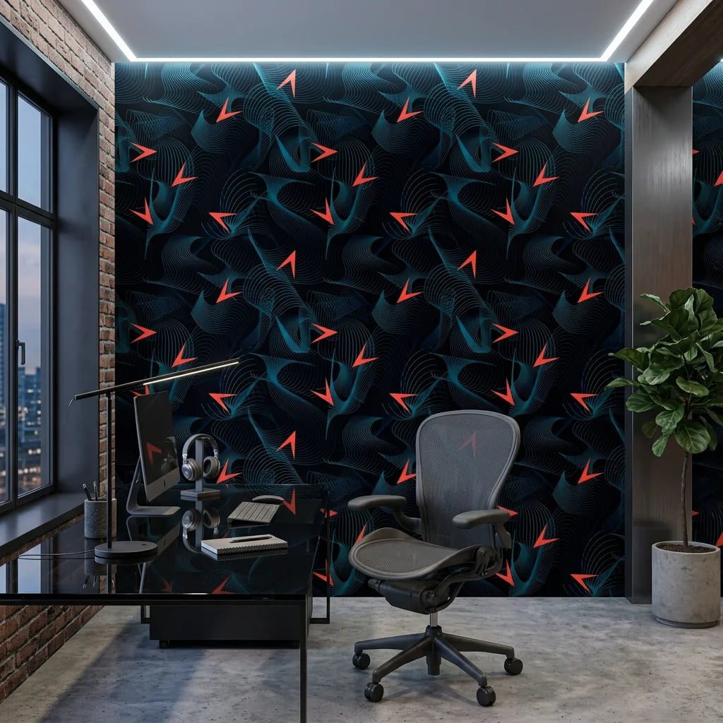 Current Drift dark teal abstract textured wave wallpaper as a feature wall in a bright home office