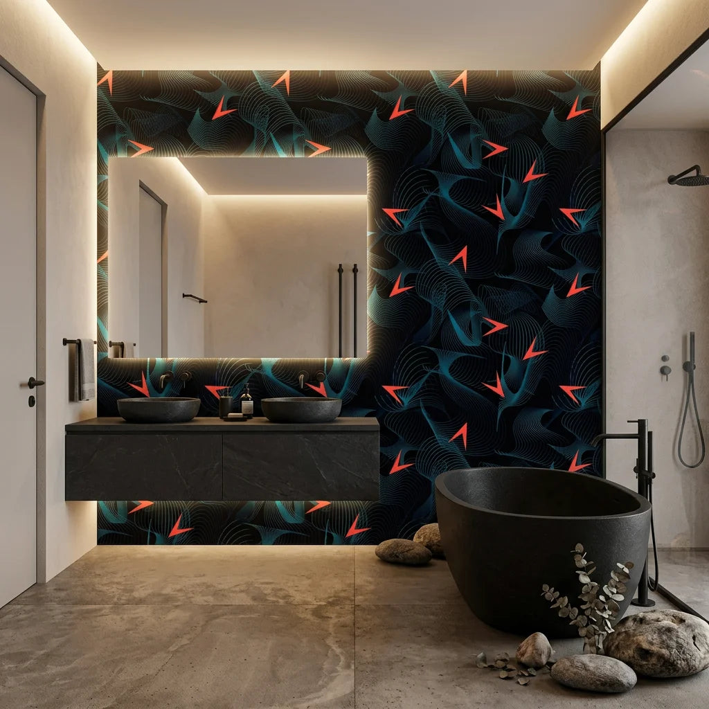 Current Drift dark teal abstract textured wave wallpaper creating ambiance in a serene bathroom